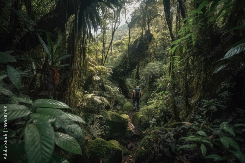 Fototapeta premium person, trekking through dense rainforest, discovering new species and exploring untouched terrain, created with generative ai