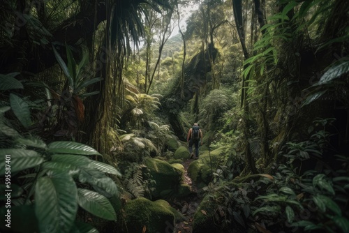 person, trekking through dense rainforest, discovering new species and exploring untouched terrain, created with generative ai