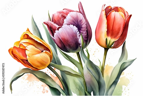 Tulip flower bouquet, colorful tulips in bloom, watercolor illustration, drawing isolated on white background. Generative Ai.