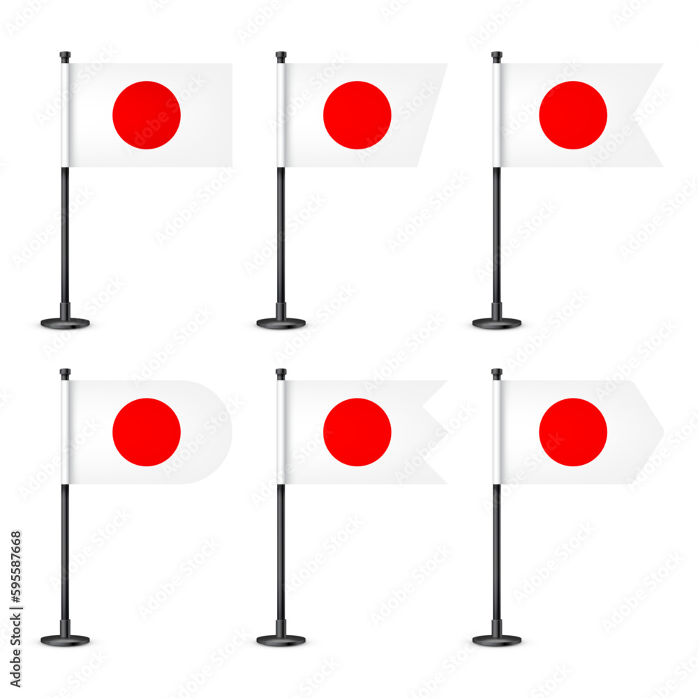 Realistic various Japanese table flags on a black steel pole. Souvenir