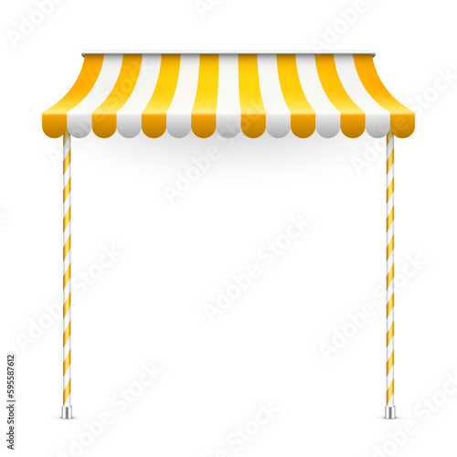 Yellow shop sunshade with stand holders. Realistic striped cafe awning. Outdoor market tent. Roof canopy. Summer street store. Vector illustration
