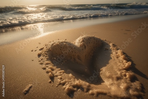 Beach sand heart shape perfect for backgrounds with ample space for text  AI-generated. Generative AI