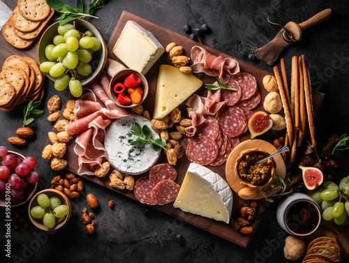 Fototapet A top-down shot of a beautifully arranged charcuterie board with a variety of meats, cheeses, and crackers