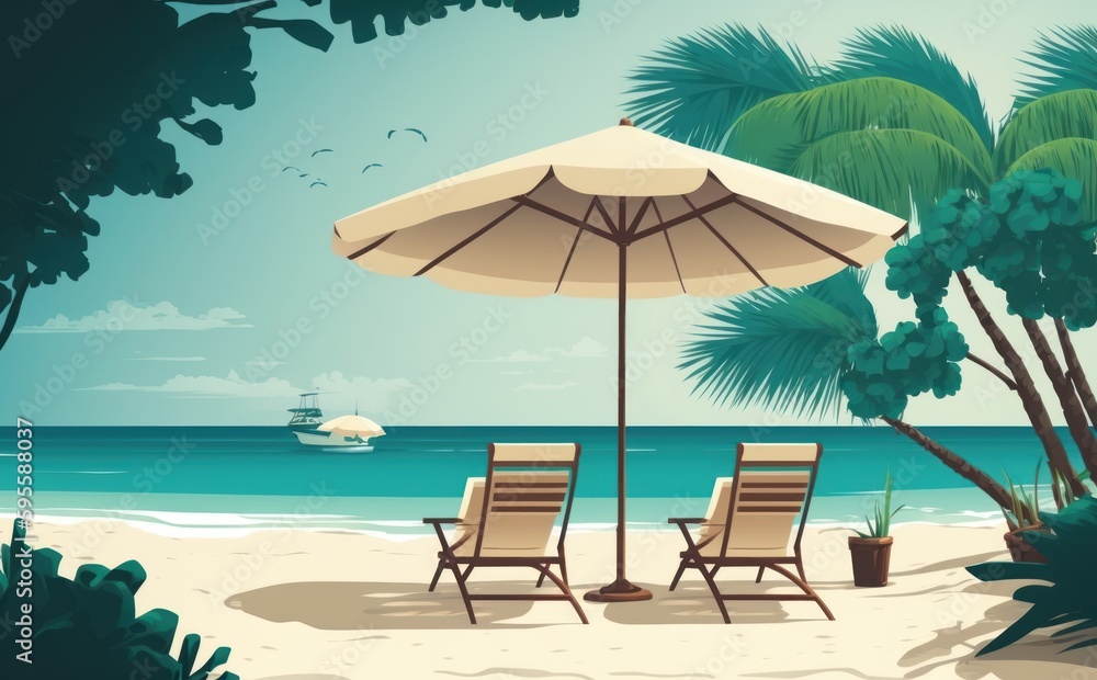 custom made wallpaper toronto digitalTropical beach with ocean background banner, parasol and lounge chairs