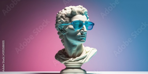 antique white bust in colored glasses on a plain empty background