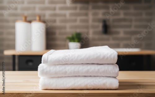 White towel stack on wooden table in bathroom with space