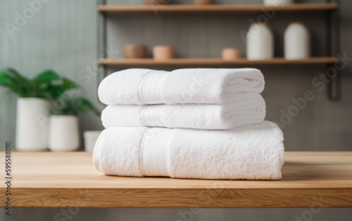 White towel stack on wooden table in bathroom with space