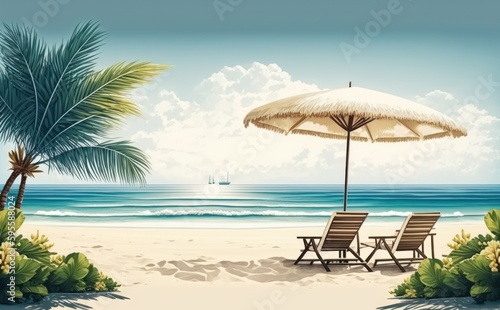 Tropical beach with ocean background banner  parasol and lounge chairs