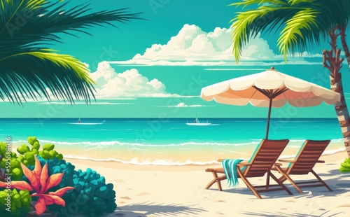 Tropical beach with ocean background banner, parasol and lounge chairs