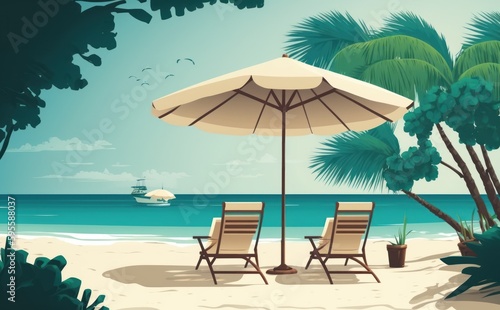 Tropical beach with ocean background banner  parasol and lounge chairs