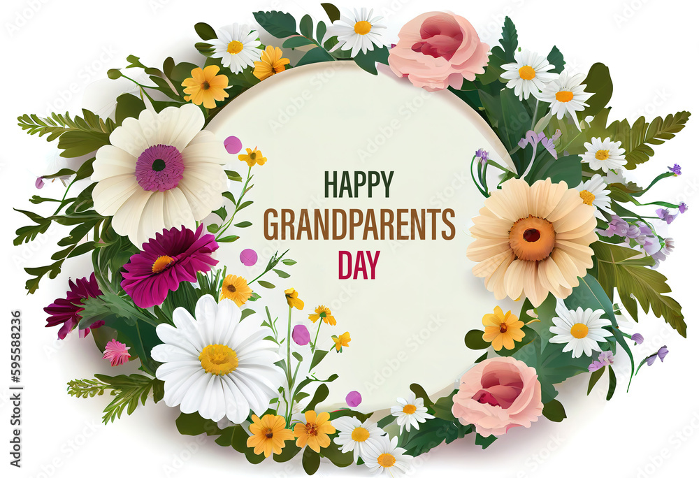Happy Grandparents Day round frame shape Flowers carnations, marguerite, petunias, daisies. Generative Ai