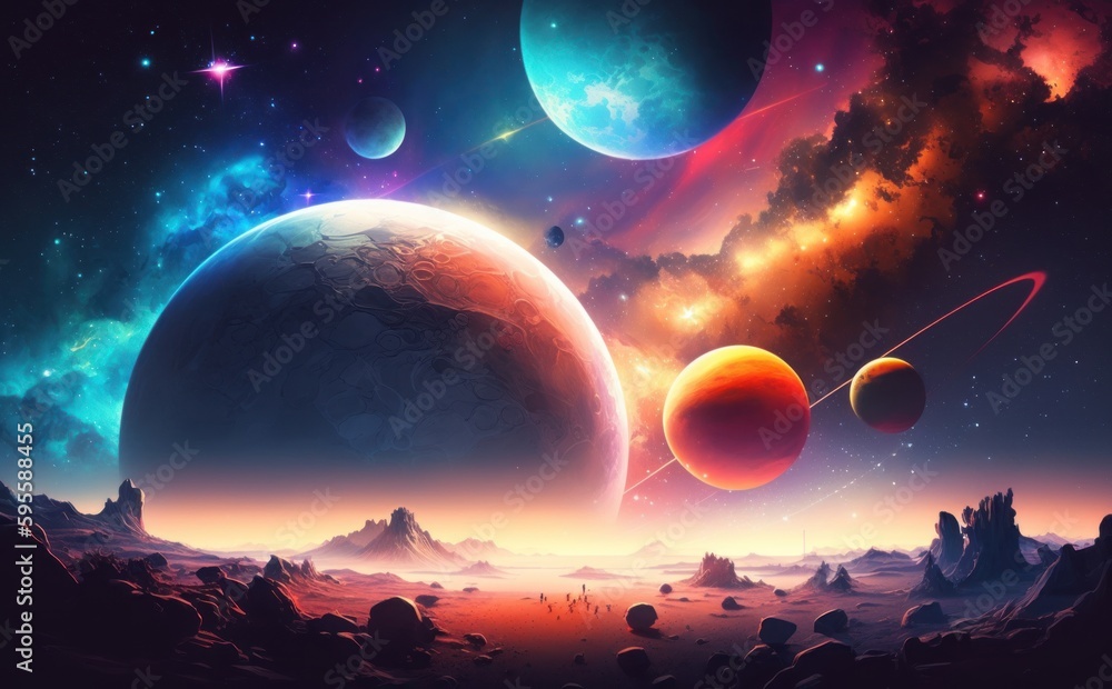 Colorful space background with planets and stars,  painting style