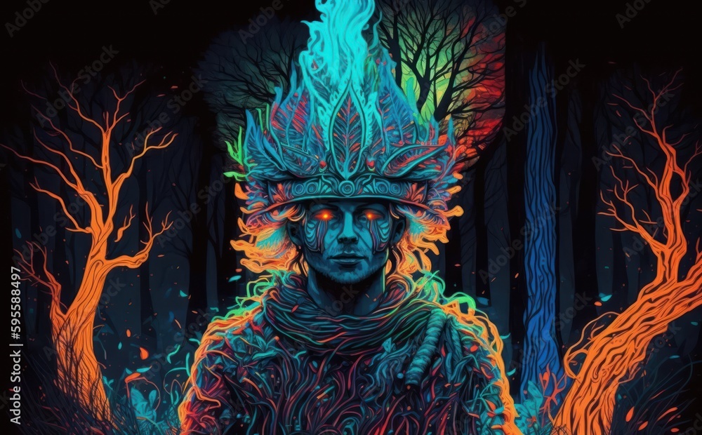 Concept of psychedelics, ayahuasca hallucination colorful neon glow illustration, forest shaman