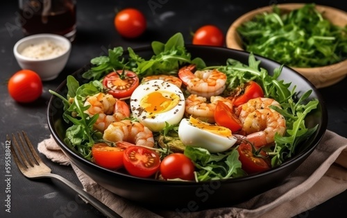 Breakfast, snack bowl cherry tomatoes, arugula salad with boiled egg and fried shrimp