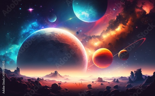 Colorful space background with planets and stars, painting style