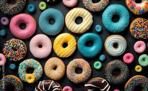 Colourful donuts or doughnuts background wallpaper top view