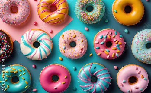 Colourful donuts or doughnuts background wallpaper top view
