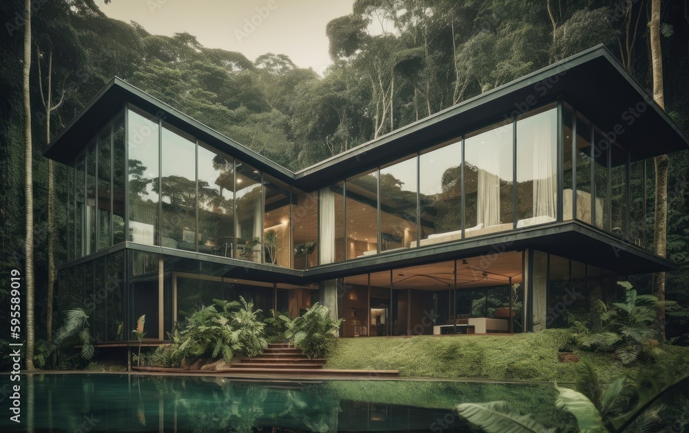 Luxury villa high class architecture in green rainforest with large glass windows