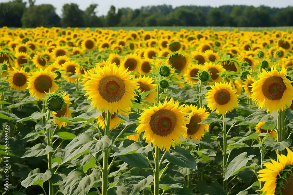 Obraz premium Picturesque landscape of vast agricultural field with blooming yellow sunflowers in summer countryside. AI generated content