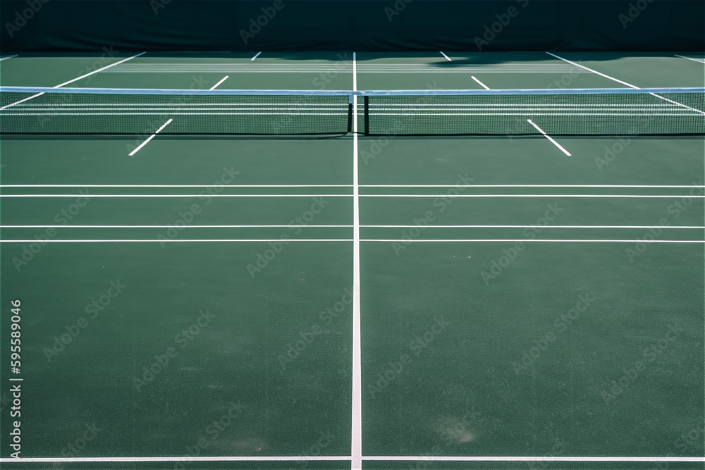 Big empty green tennis court in the evening. AI generated content