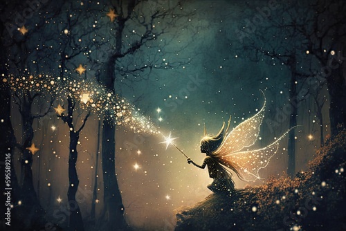 fairy, with magic wand and starry sky, in elfin forest, created with generative ai photo