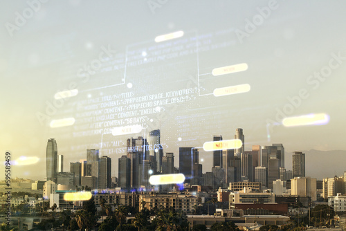 Multi exposure of abstract creative coding sketch on Los Angeles city skyline background, artificial intelligence and neural networks concept