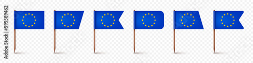 Realistic various European toothpick flags. Souvenir from Europe. Wooden toothpicks with paper flag. Location mark, map pointer. Blank mockup for advertising and promotions. Vector illustration