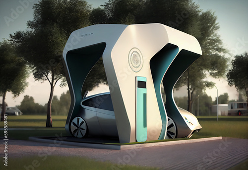 Electric Vehicle concept car and charging station photo