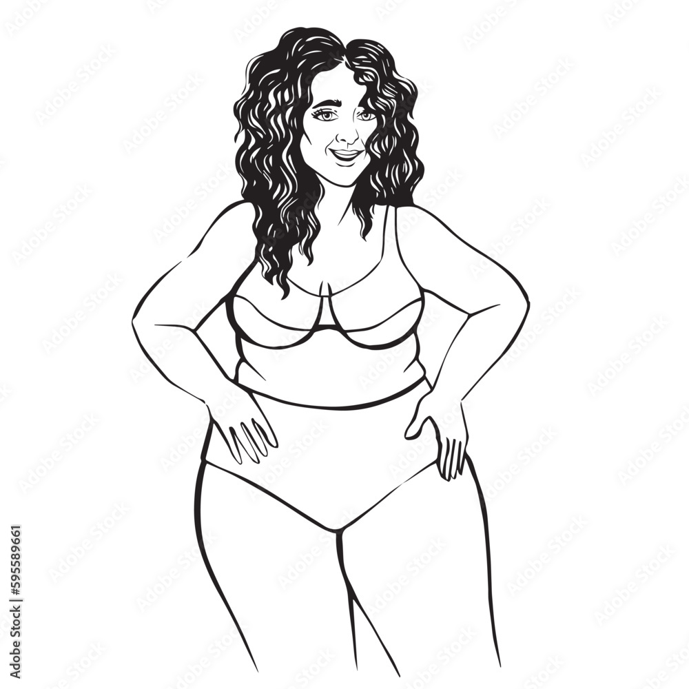 Beautiful plus size girl, hand-drawn graphics, body positive. Ideal for logos, posters, packaging design and paper products. Fashion cover, poster. Beautiful plus size girl, hand-drawn graphics, body positive. Ideal for logos, posters, packaging design and paper products. Fashion cover, poster.