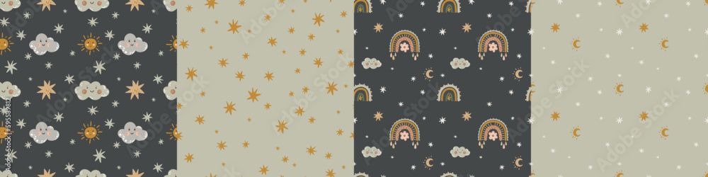 Seamless pattern of small beautiful clouds and stars. Seamless ...
