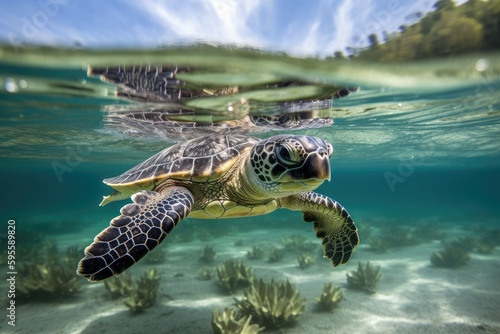 baby turtle swimming through crystal-clear ocean, with fish and plants visible in the background, created with generative ai