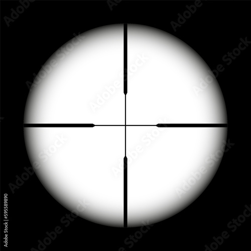 Weapon sight, sniper rifle optical scope on black background. Hunting gun viewfinder with crosshair. Aim, shooting mark symbol. Military target sign, silhouette. Game UI element. Vector illustration