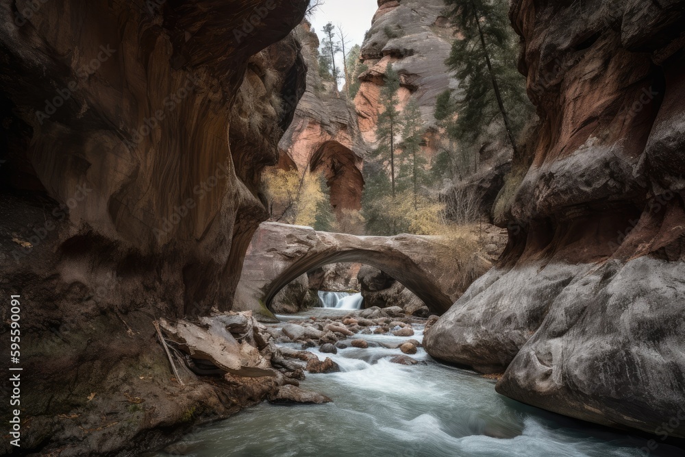 natural bridge of rock and stone in canyon, with rushing stream below, created with generative ai