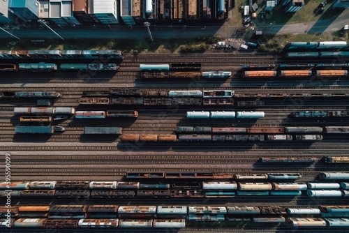 An aerial view of a train yard, with locomotives and cargo cars waiting to be loaded and transported. Creative concept for rail transportation and logistics.