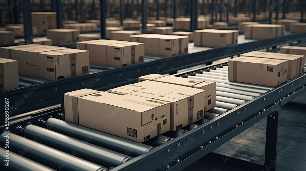 Cardboard boxes on conveyor rollers ready to be shipped by courier for distribution Cardboard boxes on conveyor rollers ready to be shipped by courier for distribution