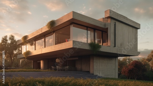 Brutalist exterior house design in daytime golden hour generative ai