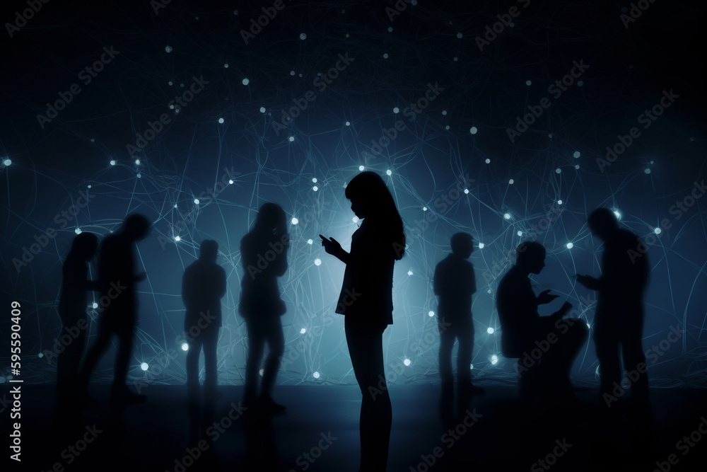 Social life, social network and communication concept. Social network people addiction. Dark people silhouettes using smart phone and browsing. Abstract and futuristic style. Generative AI Social life, social network and communication concept. Social network people addiction. Dark people silhouettes using smart phone and browsing. Abstract and futuristic style. Generative AI