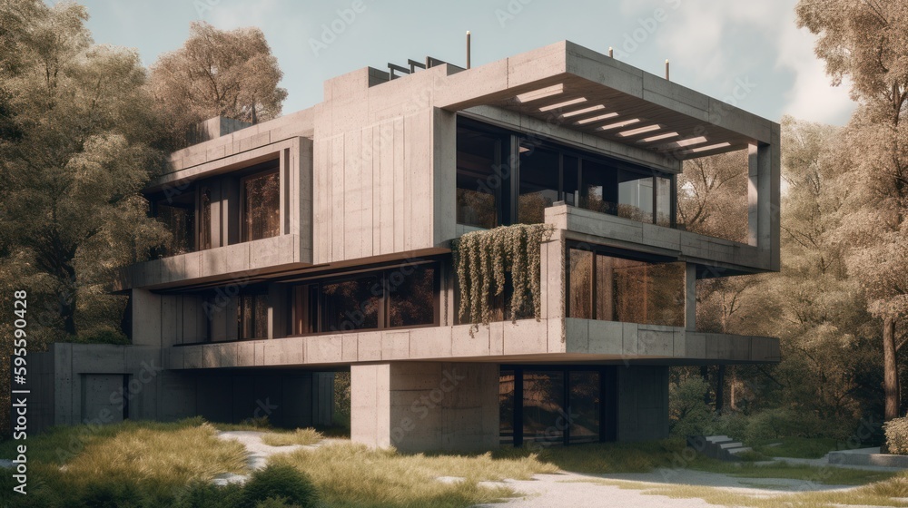 Fototapeta premium Brutalist exterior house design in daytime golden hour generative ai