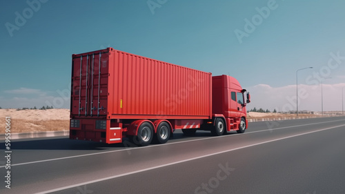 Solid red truck driving on the highway at dawn against blue sky background. generative ai