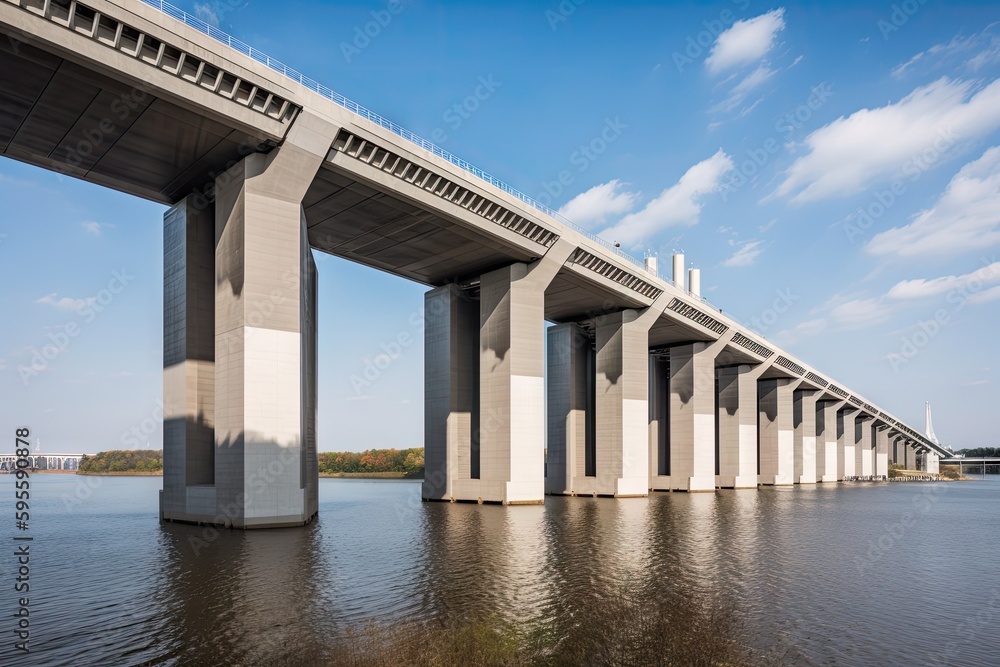 modern bridge, with towering columns and sleek design, spanning busy river, created with generative ai modern bridge, with towering columns and sleek design, spanning busy river, created with generative ai