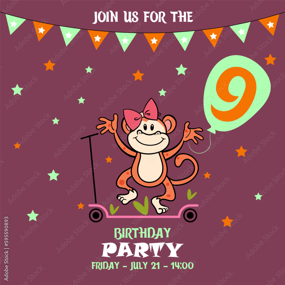 Fototapeta premium little monkey, children's birthday invitation template with monkey, cute baby girl kids party invitation, birthday invitation, 9 years, join us for the birthday party, baby shower 