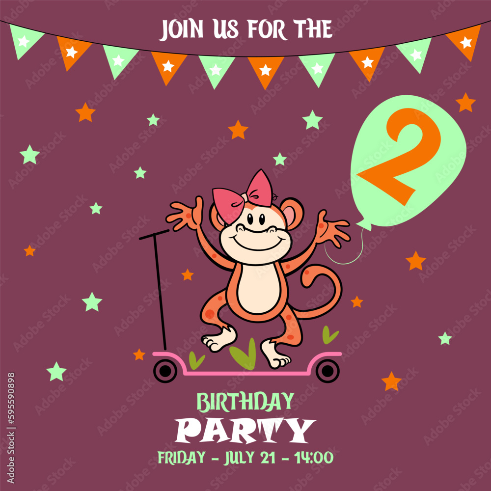 Fototapeta premium little monkey, children's birthday invitation template with monkey, cute baby girl kids party invitation, birthday invitation, 2 years, join us for the birthday party, baby shower 
