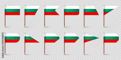 Bulgarian toothpick flags. Souvenir from Bulgaria. Wooden toothpicks with paper flag. Location mark, map pointer. Blank mockup for advertising and promotions. Vector illustration