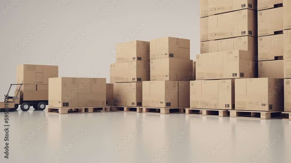 Warehouse with cardboard boxes inside on pallets racks, logistic center. Huge, large modern warehouse. Warehouse filled with cardboard boxes on shelves, boxes stand on pallets, 3D Illustration Warehouse with cardboard boxes inside on pallets racks, logistic center. Huge, large modern warehouse. Warehouse filled with cardboard boxes on shelves, boxes stand on pallets, 3D Illustration