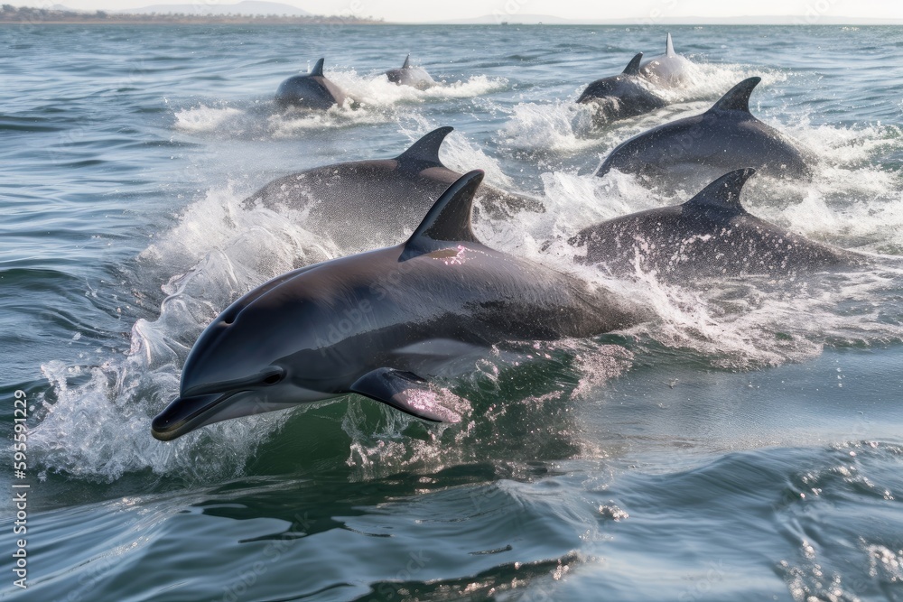Naklejka premium bunch of baby dolphins jumping and playing in crystal-clear waters, created with generative ai