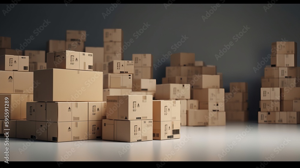 Warehouse with cardboard boxes inside on pallets racks, logistic center. Huge, large modern warehouse. Warehouse filled with cardboard boxes on shelves, boxes stand on pallets, 3D Illustration Warehouse with cardboard boxes inside on pallets racks, logistic center. Huge, large modern warehouse. Warehouse filled with cardboard boxes on shelves, boxes stand on pallets, 3D Illustration