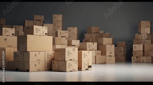 Warehouse with cardboard boxes inside on pallets racks, logistic center. Huge, large modern warehouse. Warehouse filled with cardboard boxes on shelves, boxes stand on pallets, 3D Illustration © EZPS