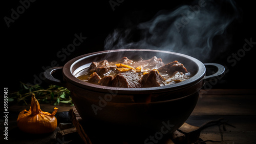 Beef stew cooked on a wood stove is cooked in thick gravy. Iron pot with steam rising. Country kitchen composition. Ai generative