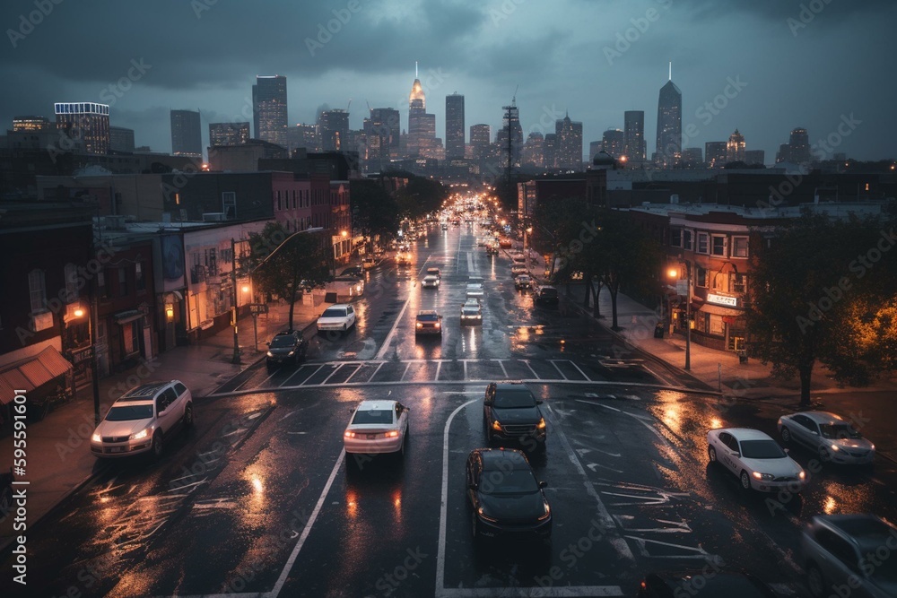 Downtown Philadelphia's Logan Square glows as night descends. Generative AI