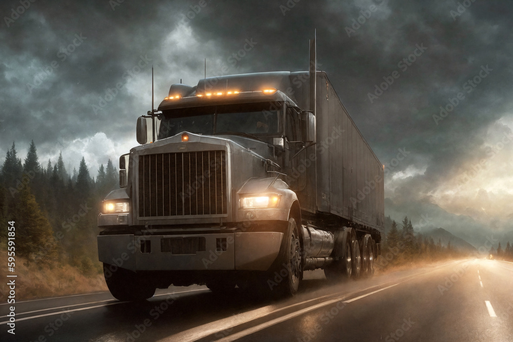A truck is driving on the road. Dark dramatic landscape with forest as background, gloomy sky, rainy clouds. Generative AI.